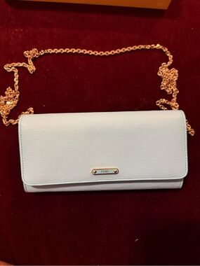 Fendi Light Blue Leather Crossbody Wallet with Gold Chain